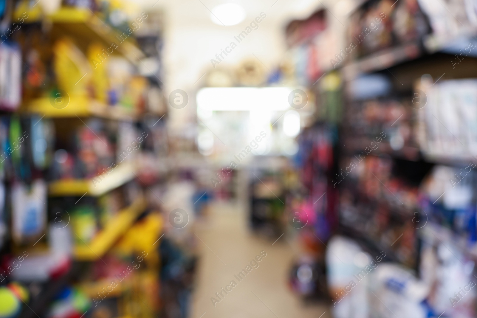 Photo of Blurred view of shelves with different products in pet shop