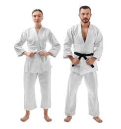 Photo of Karate fighters in uniform on white background