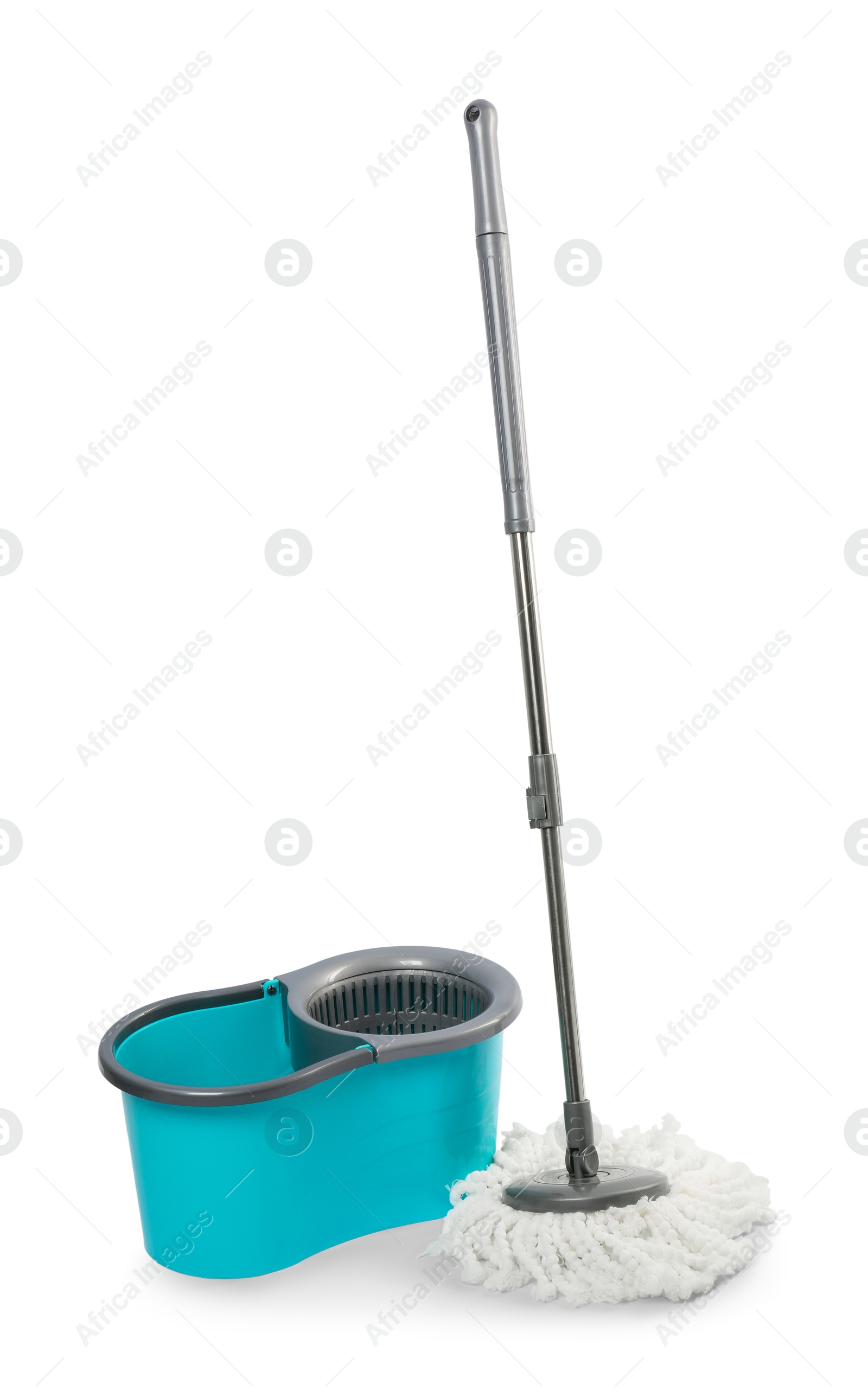 Photo of Mop and plastic bucket isolated on white