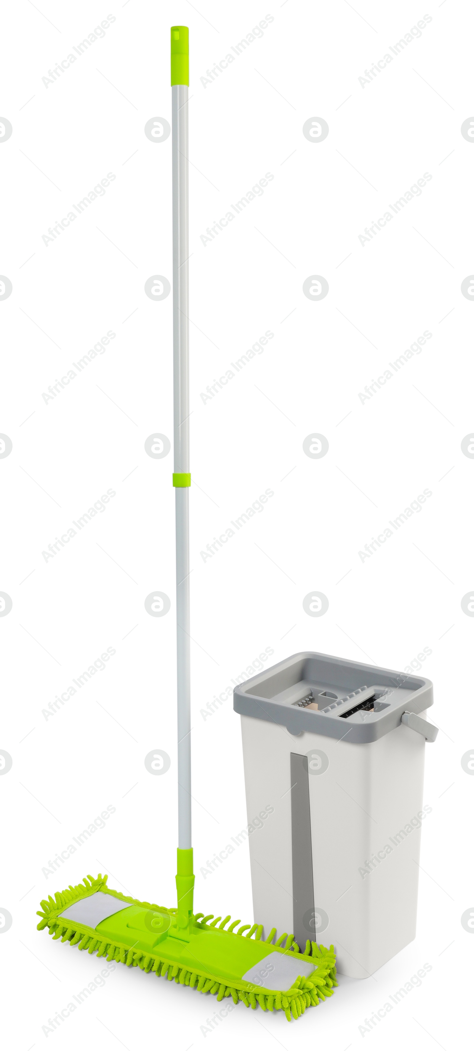 Photo of Mop and plastic bucket isolated on white