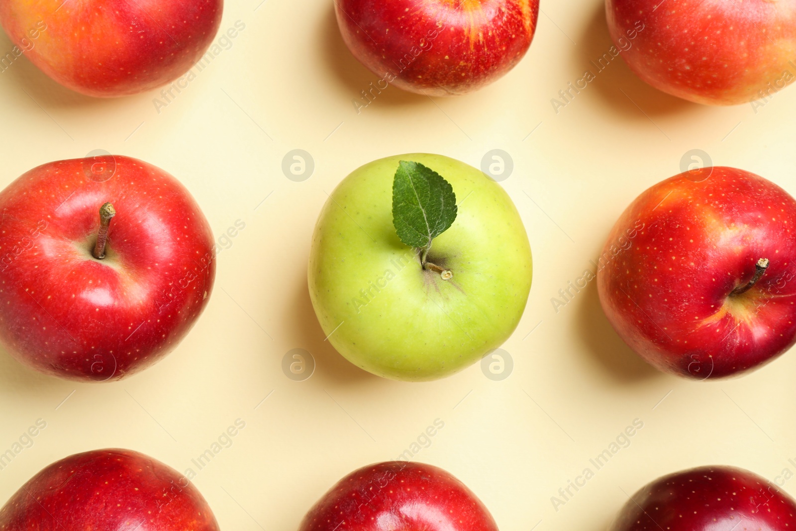 Photo of Red apples and green one on beige background, flat lay