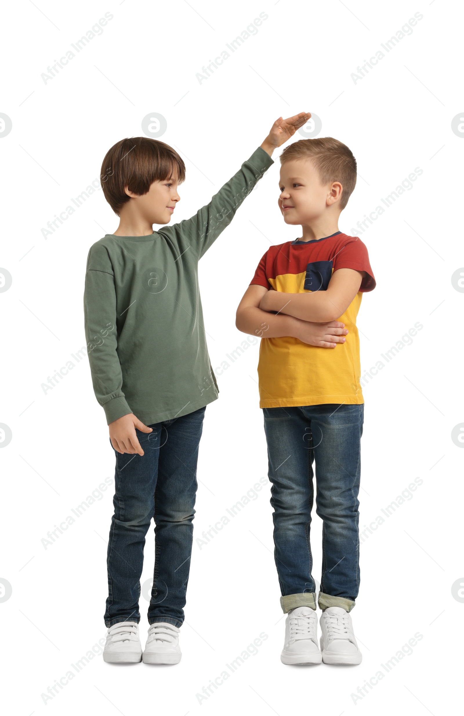 Photo of Cute brothers comparing their height on white background