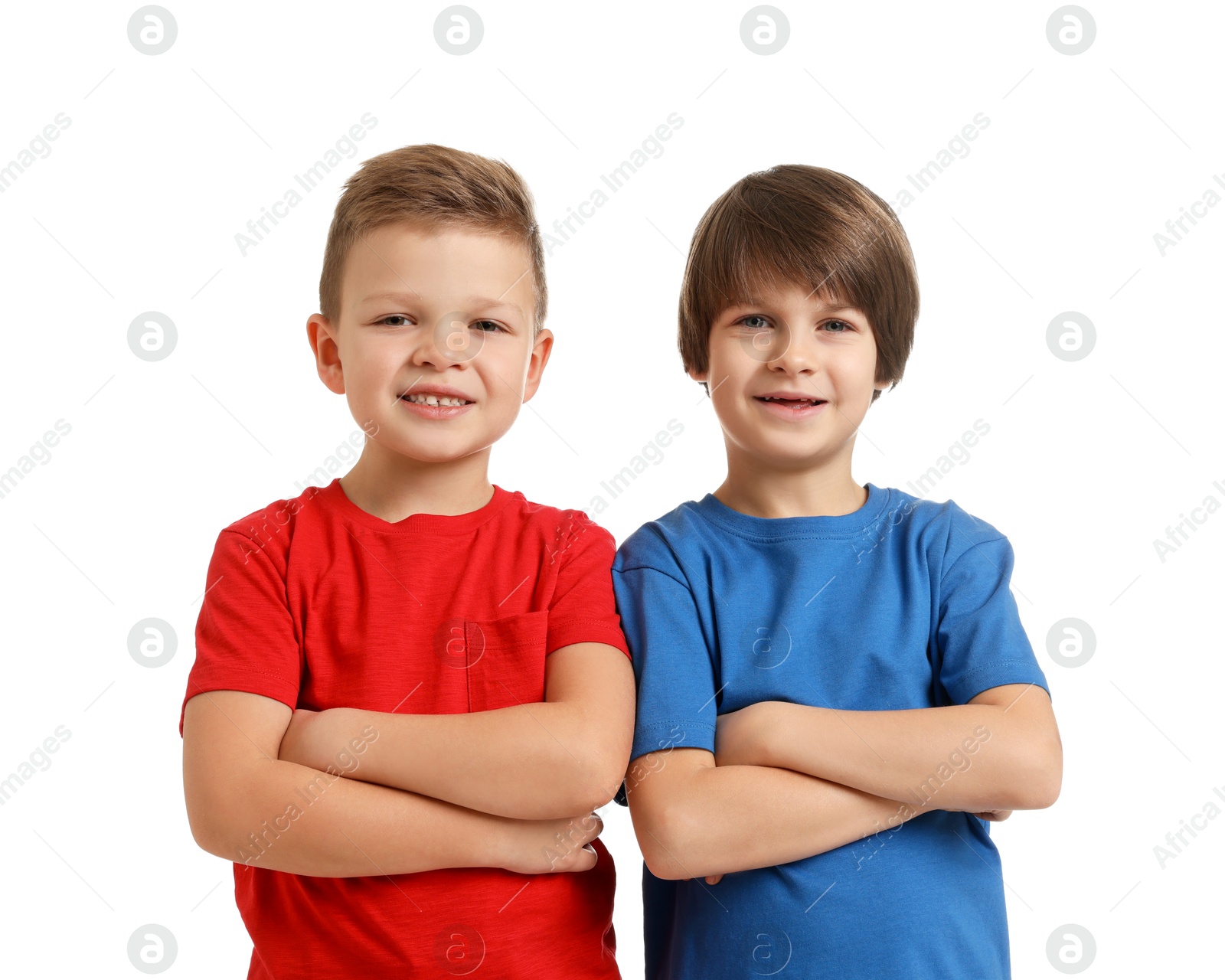 Photo of Portrait of cute brothers on white background