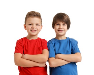 Photo of Portrait of cute brothers on white background