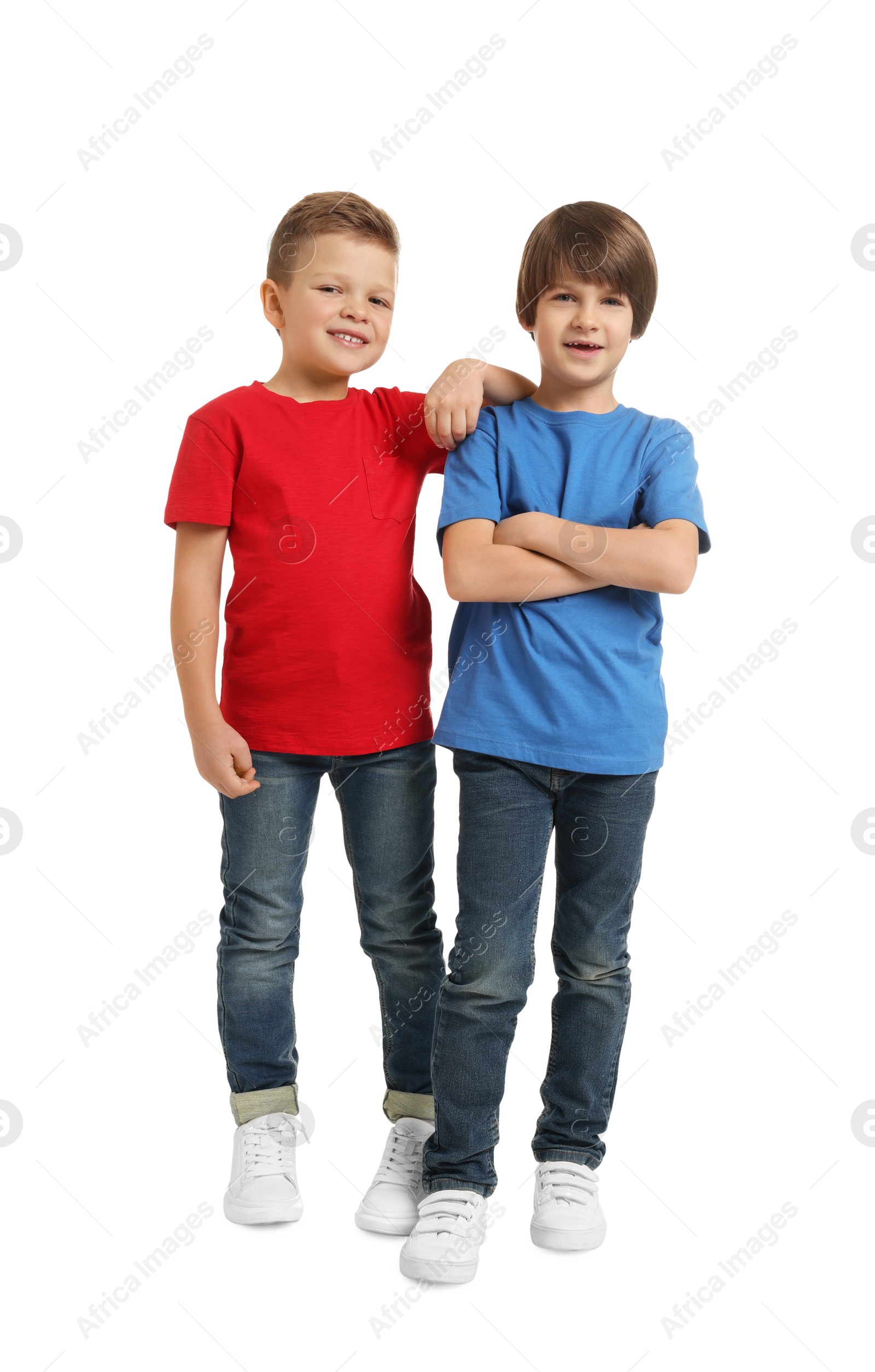 Photo of Full length portrait of cute brothers on white background