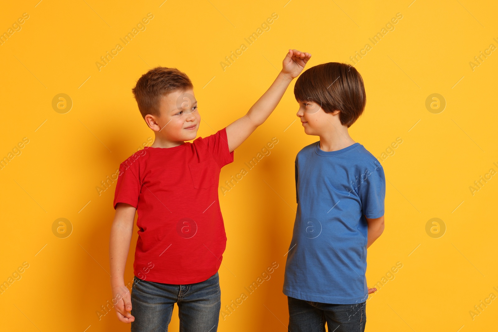 Photo of Cute brothers comparing their height on orange background