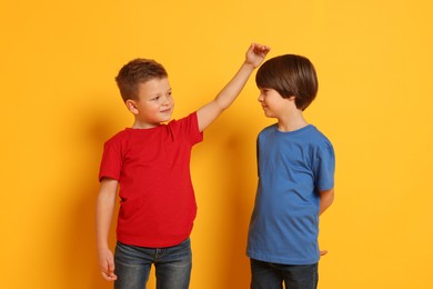 Photo of Cute brothers comparing their height on orange background