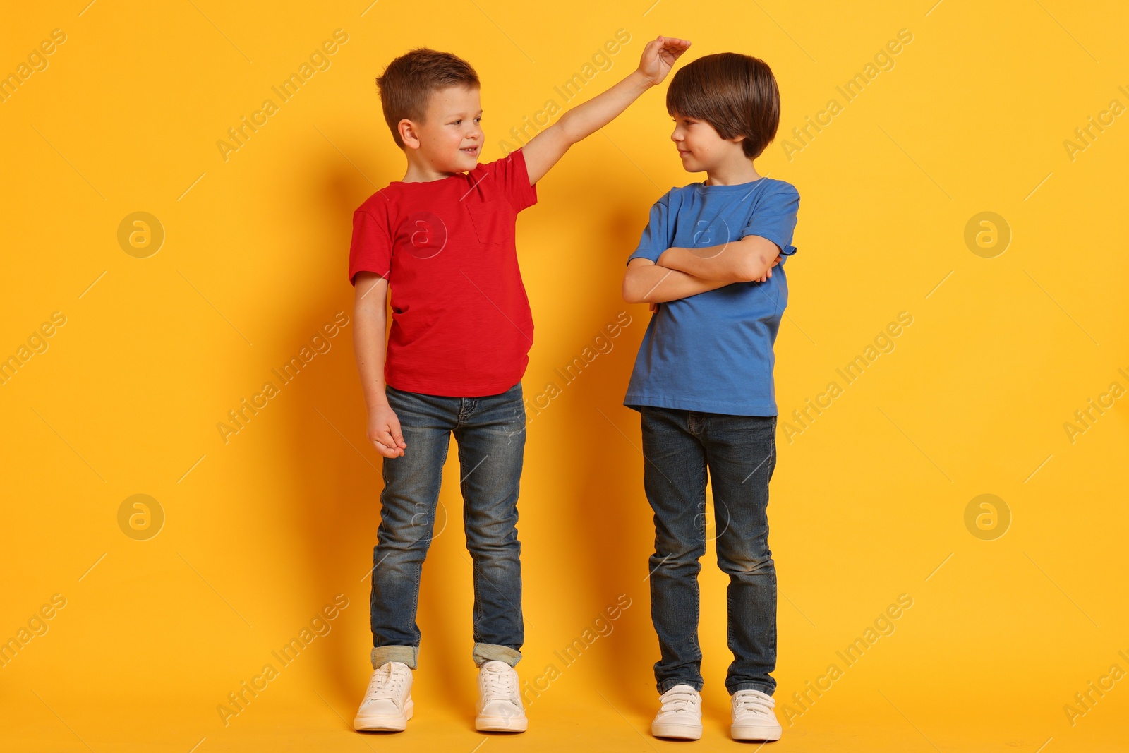 Photo of Cute brothers comparing their height on orange background