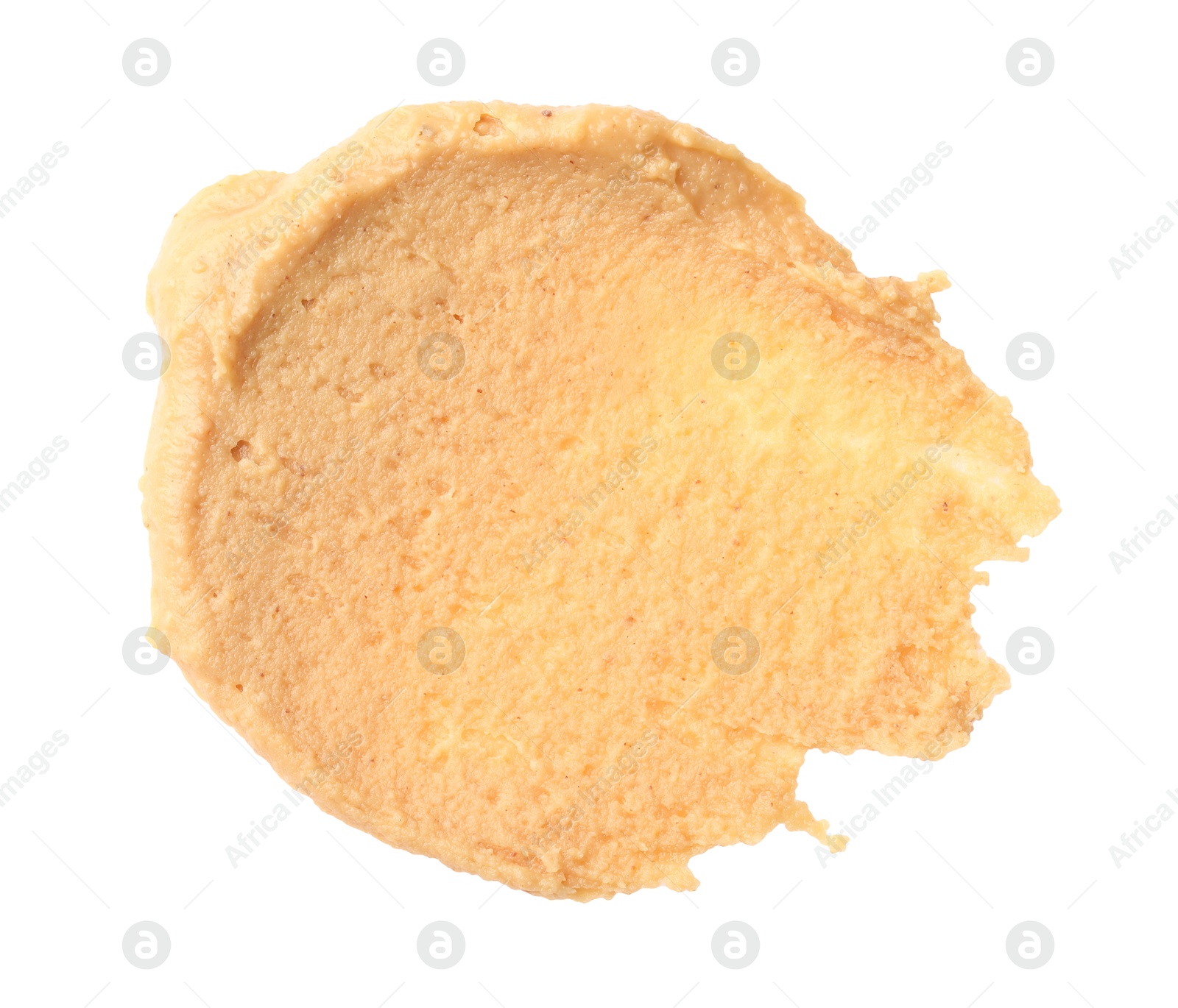 Photo of Sample of tasty nut butter isolated on white, top view