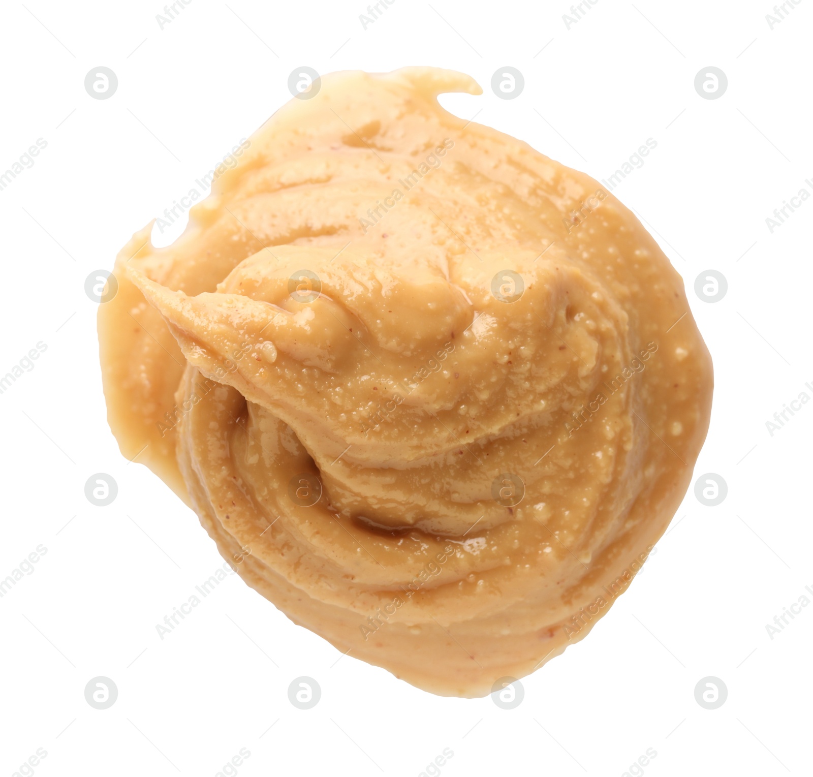 Photo of Sample of tasty nut butter isolated on white, top view