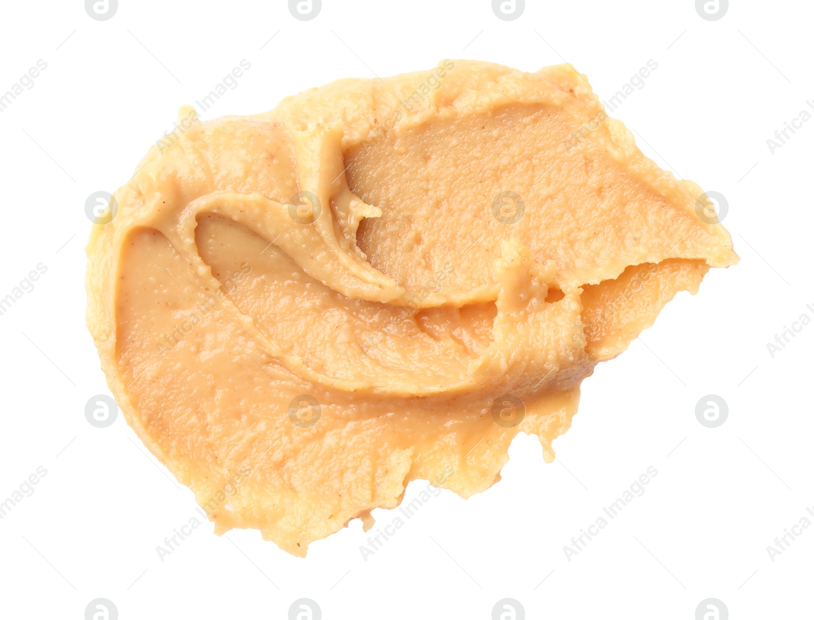 Photo of Sample of tasty nut butter isolated on white, top view