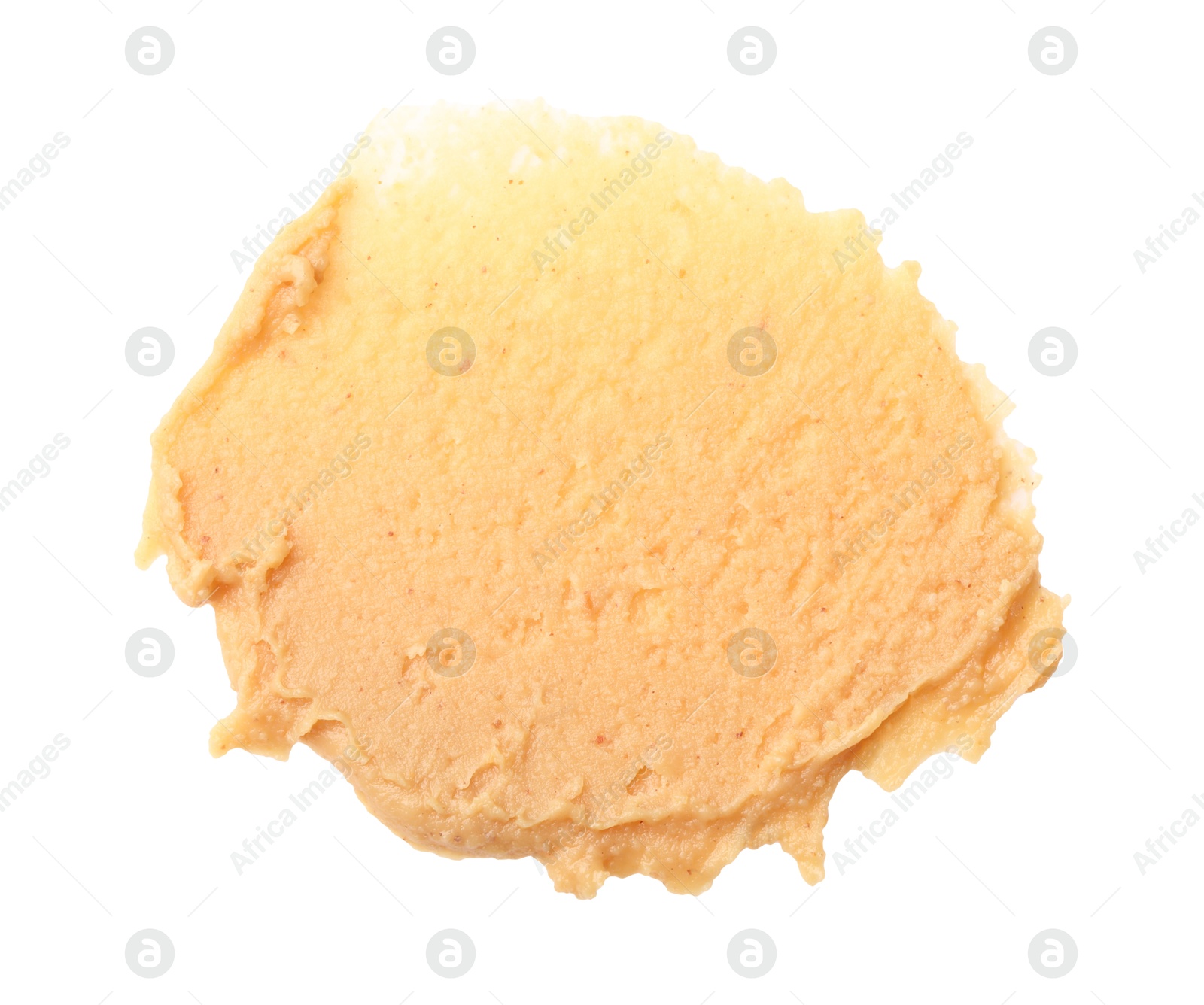 Photo of Sample of tasty nut butter isolated on white, top view