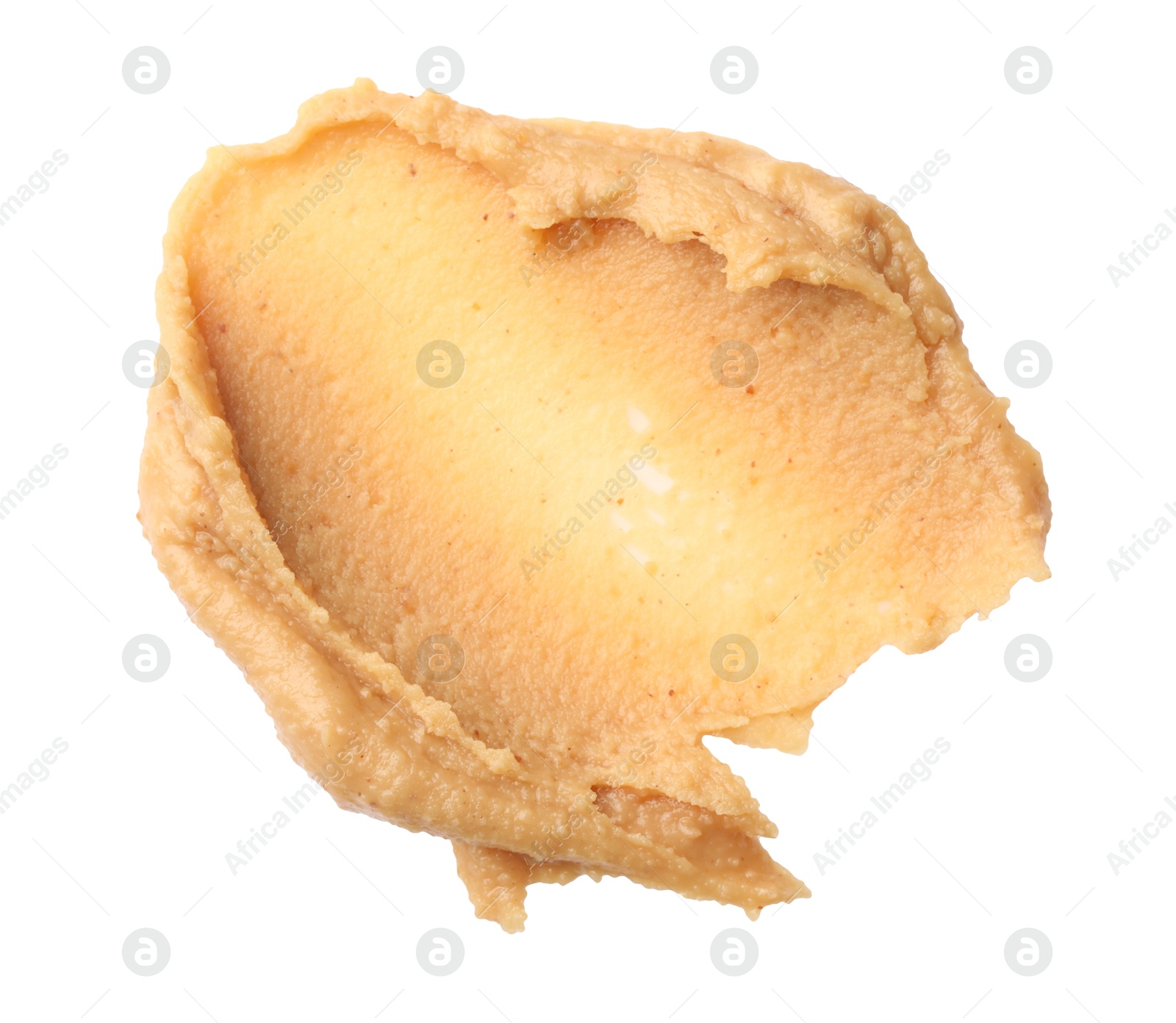 Photo of Sample of tasty nut butter isolated on white, top view