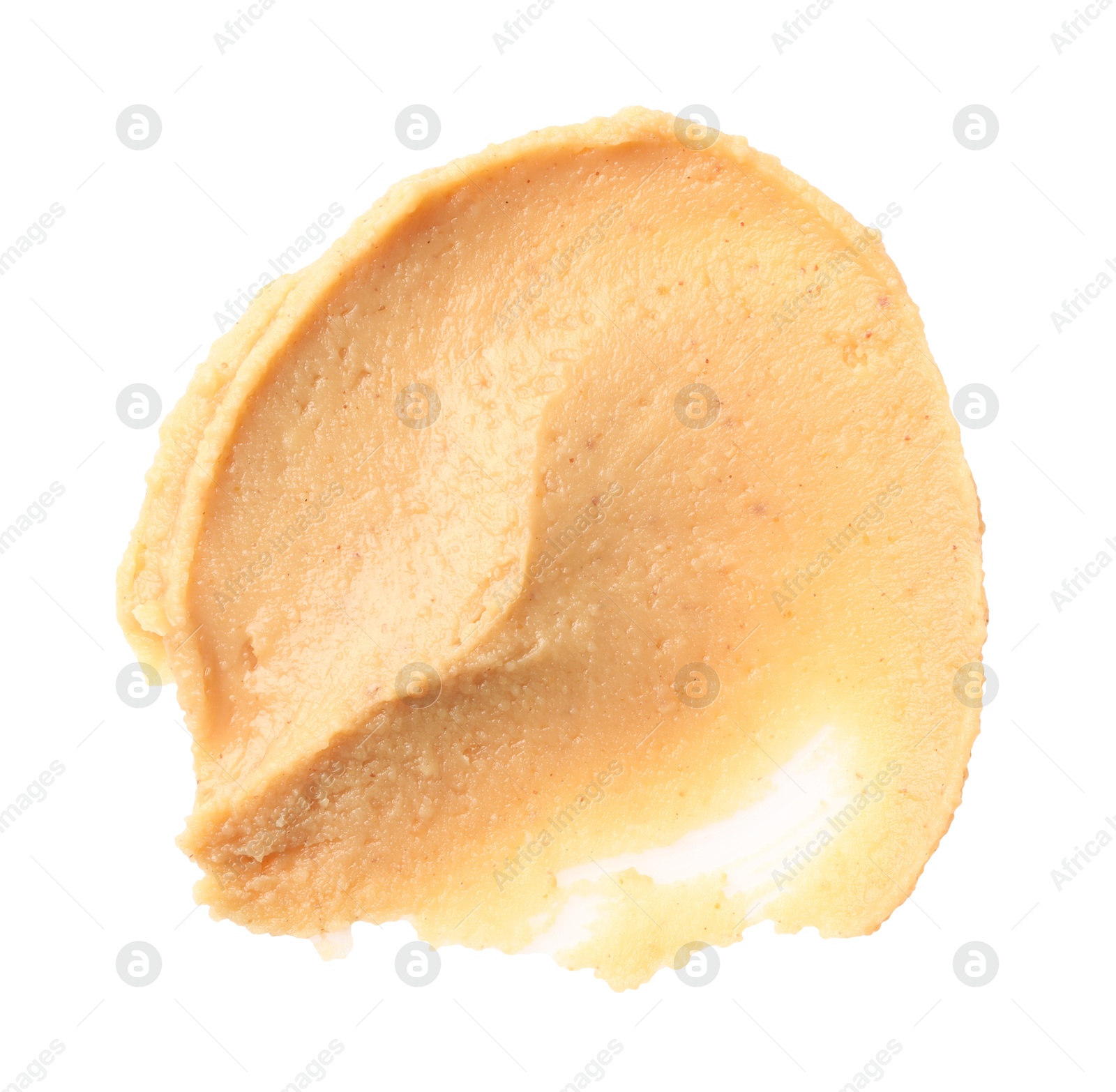 Photo of Sample of tasty nut butter isolated on white, top view