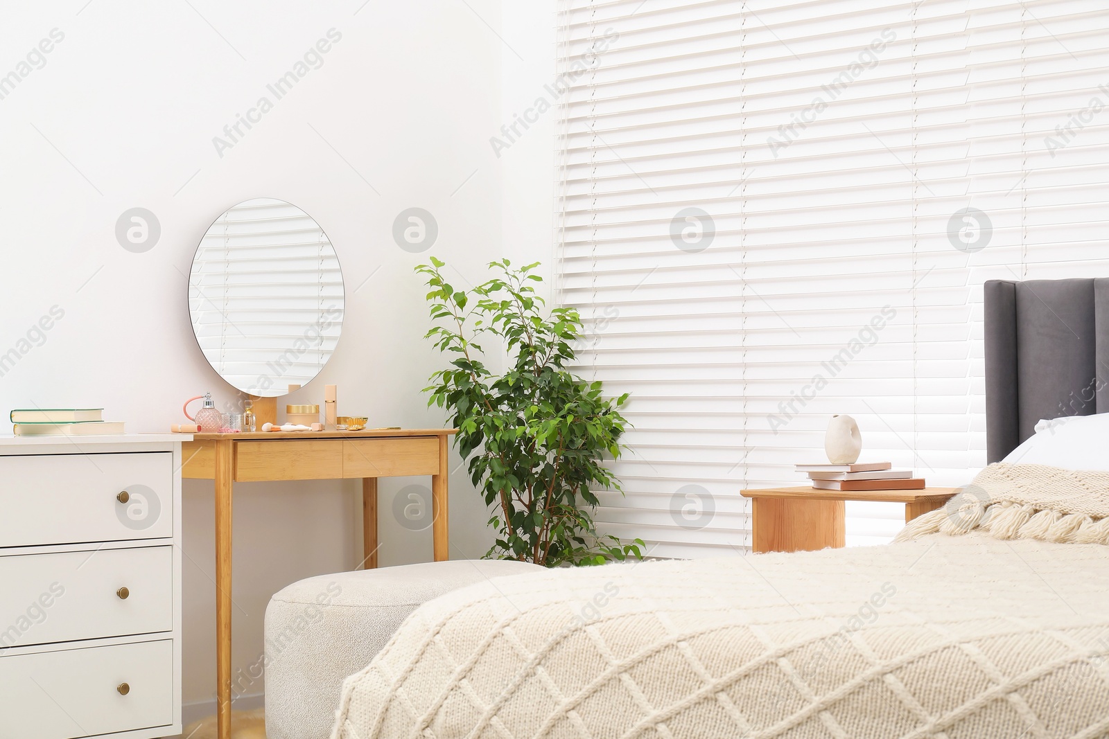 Photo of Mirror, dressing table, houseplant, bed and chest of drawers indoors. Interior design