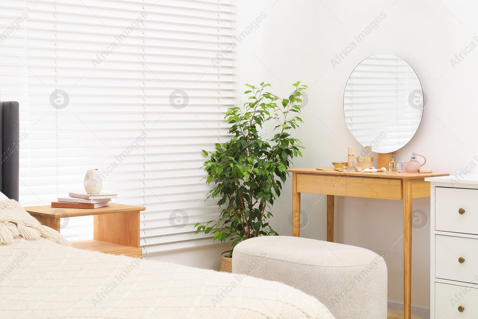 Photo of Mirror, dressing table, houseplant, bed and chest of drawers indoors. Interior design