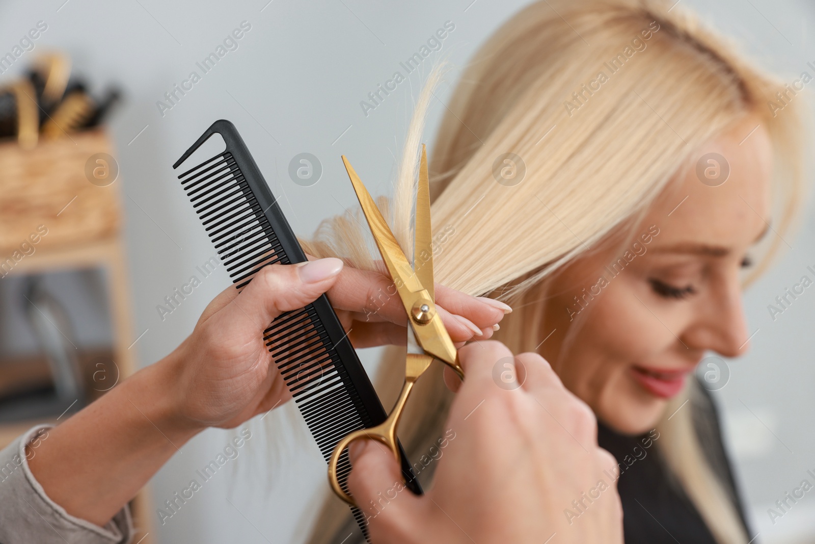 Photo of Hairdresser cutting client's hair with scissors in salon, closeup