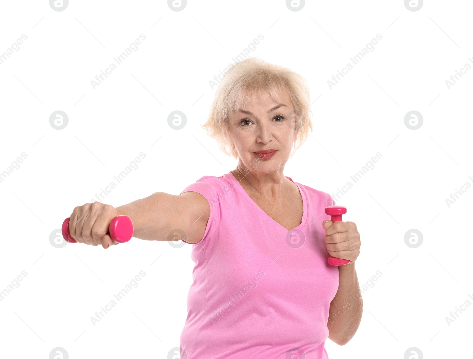 Photo of Senior woman exercising with dumbbells on white background