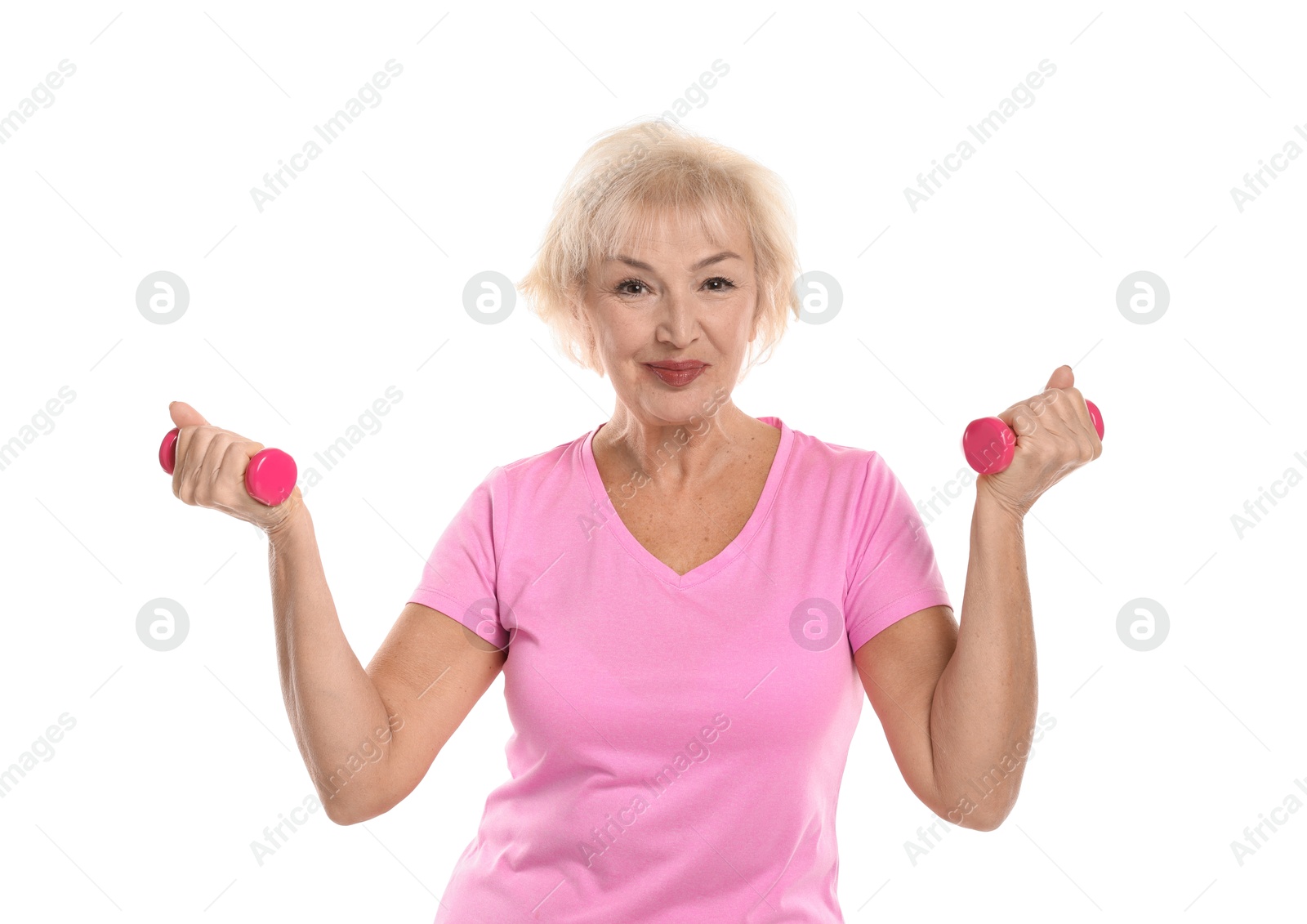 Photo of Senior woman exercising with dumbbells on white background