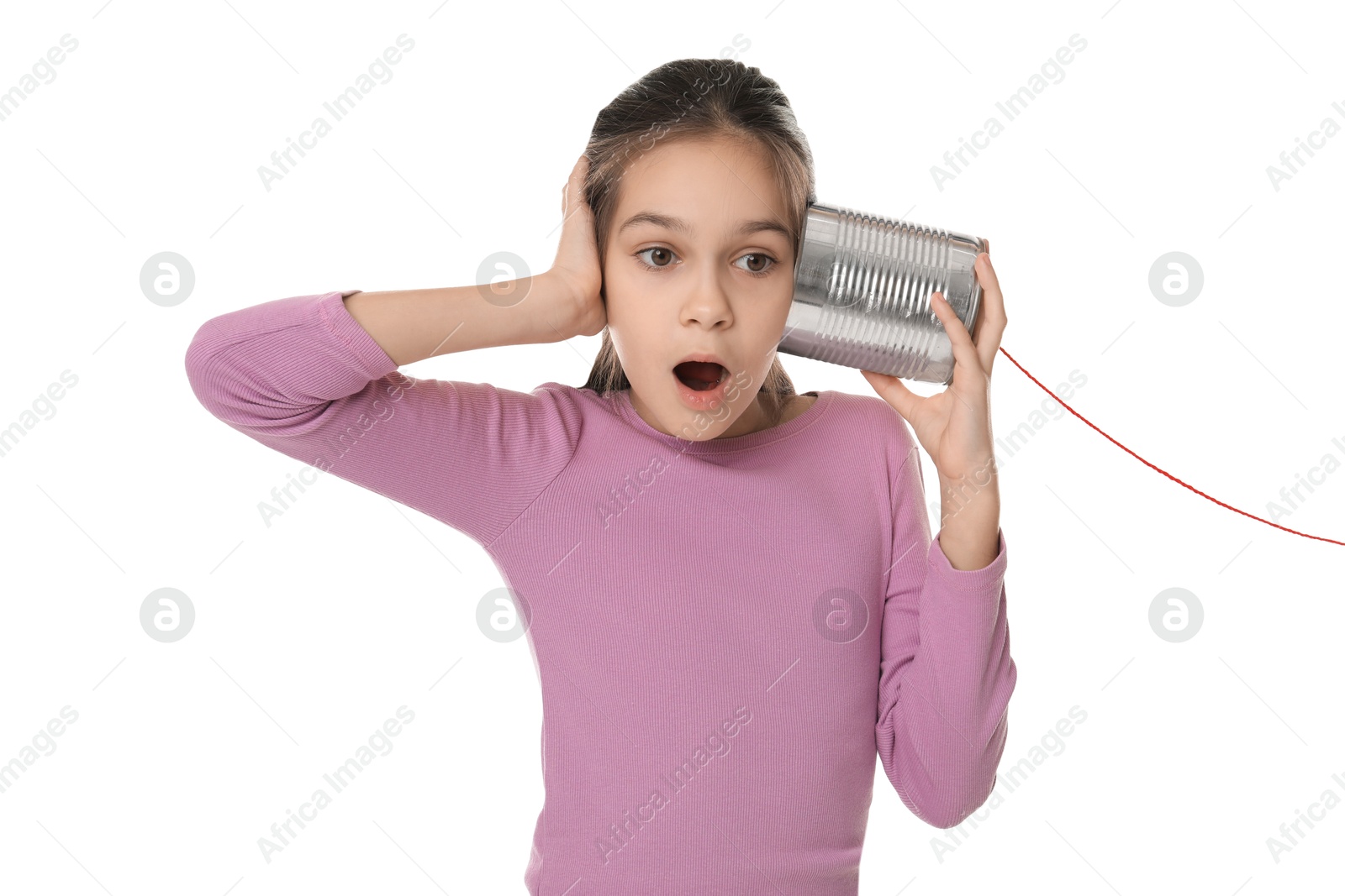 Photo of Girl using tin can telephone on white background