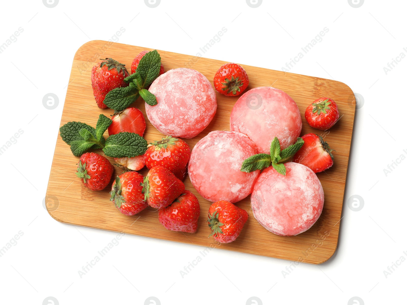 Photo of Delicious mochi, strawberries and mint on white background, top view