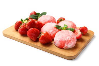 Photo of Delicious mochi, strawberries and mint on white background