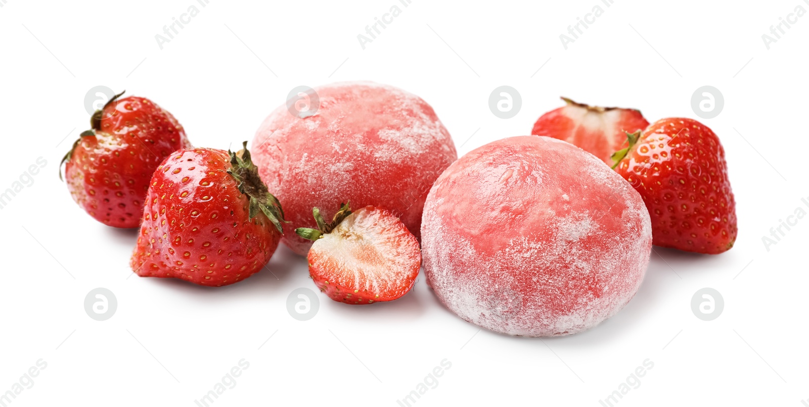 Photo of Delicious mochi and strawberries isolated on white