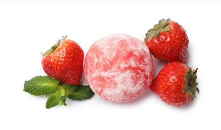 Photo of Delicious mochi, strawberries and mint isolated on white, top view