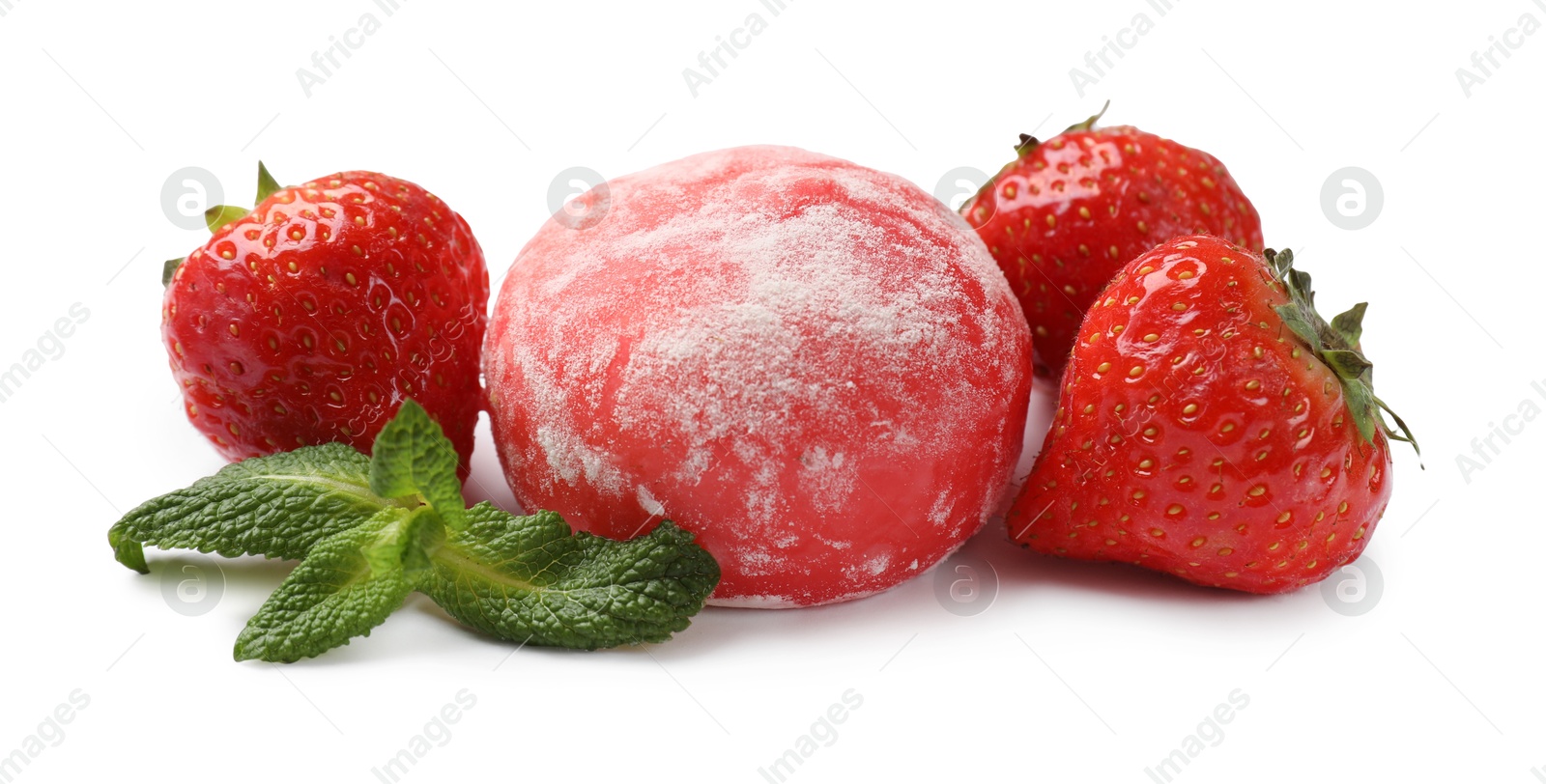 Photo of Delicious mochi, strawberries and mint isolated on white