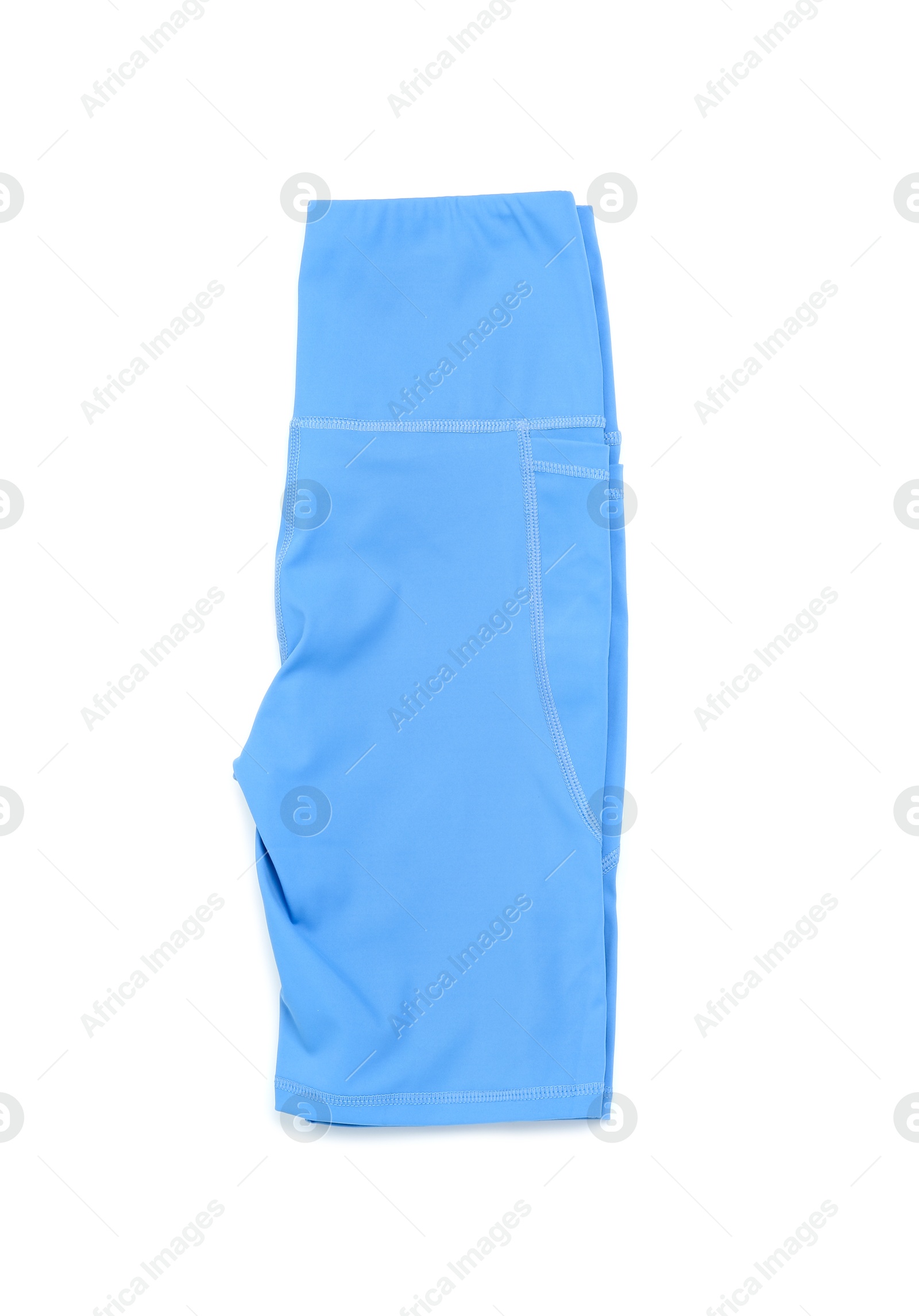 Photo of Light blue women's cycling shorts isolated on white, top view