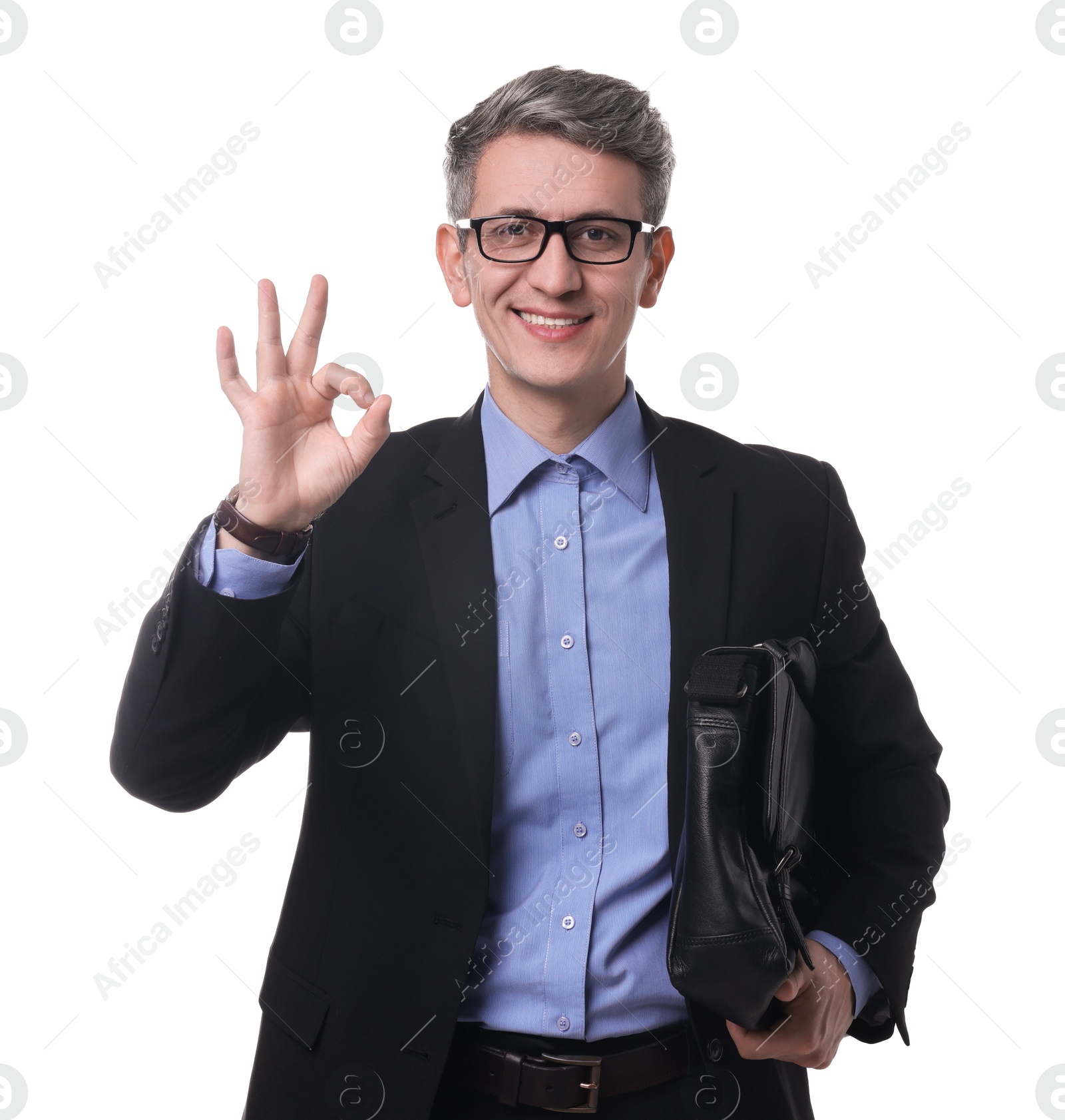 Photo of Businessman with briefcase showing okay gesture on white background