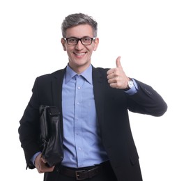 Photo of Businessman with briefcase showing thumbs up on white background