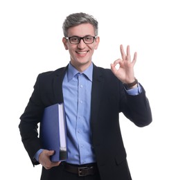 Photo of Businessman with folder showing okay gesture on white background