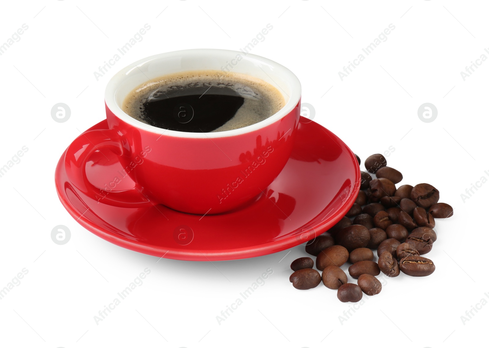 Photo of Red cup of aromatic coffee, saucer and beans isolated on white