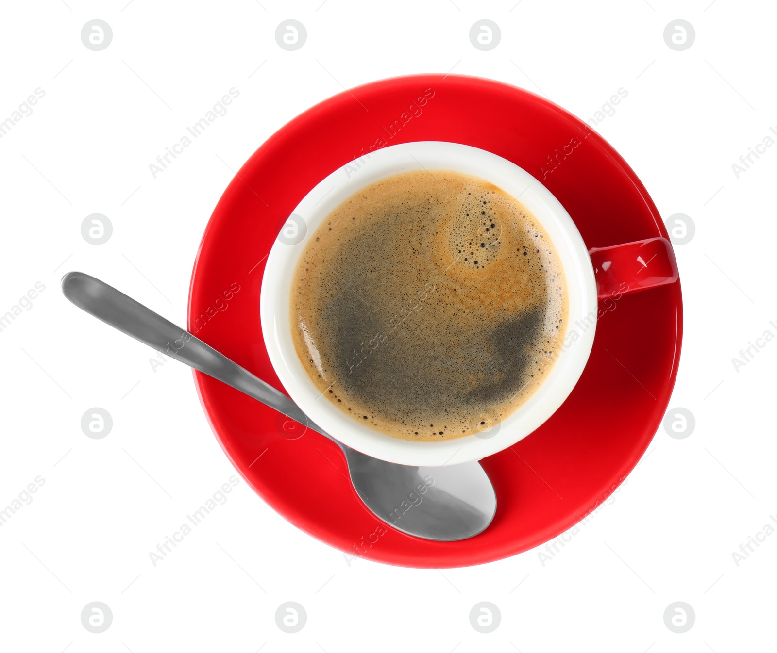 Photo of Red cup of aromatic coffee, spoon and saucer isolated on white, top view