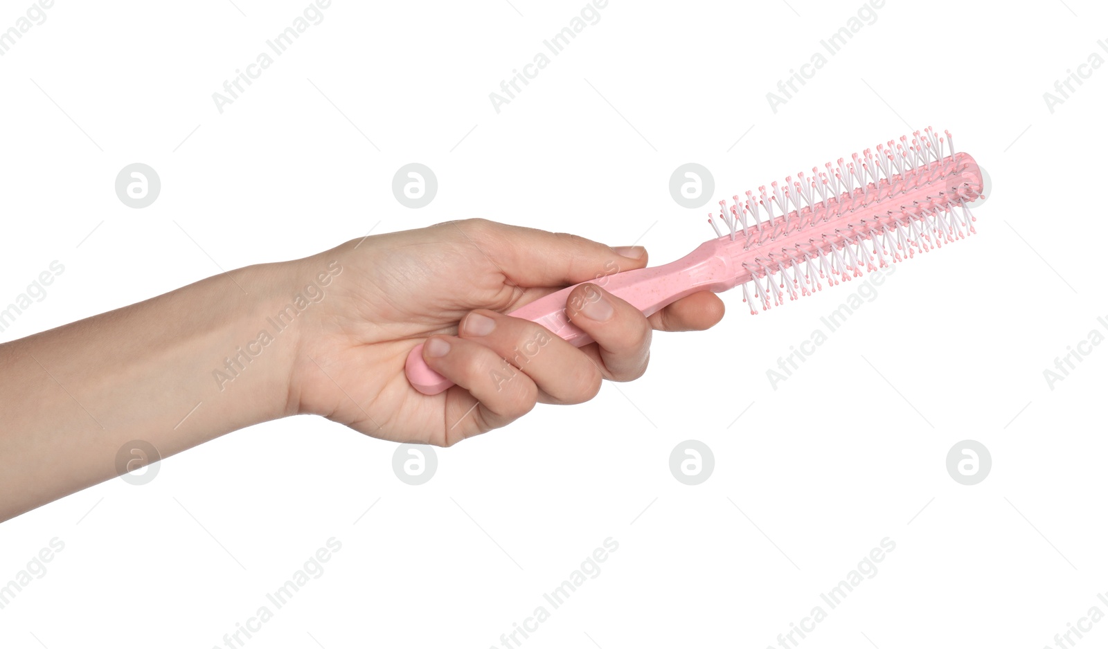 Photo of Woman with round pink hair brush on white background, closeup