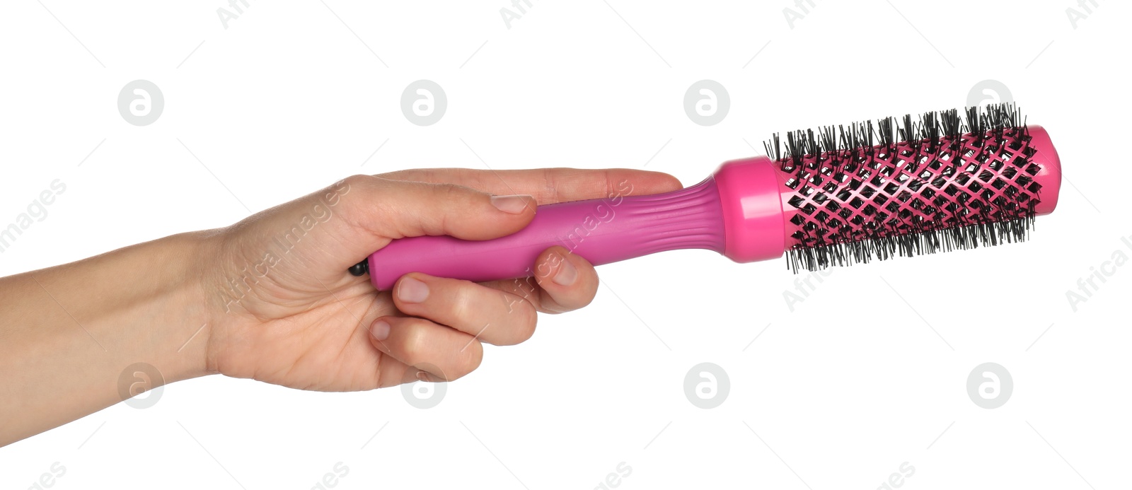 Photo of Woman with round pink hair brush on white background, closeup