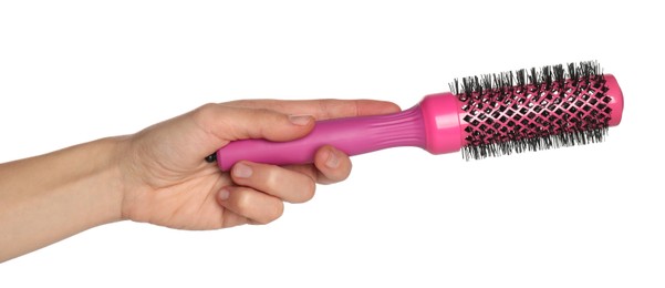 Photo of Woman with round pink hair brush on white background, closeup