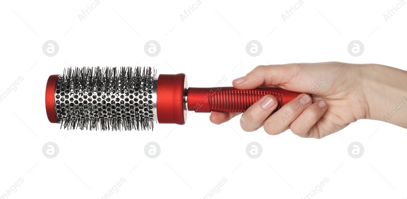 Photo of Woman with round hair brush on white background, closeup