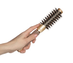 Photo of Woman with round golden hair brush on white background, closeup