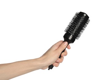 Photo of Woman with round black hair brush on white background, closeup