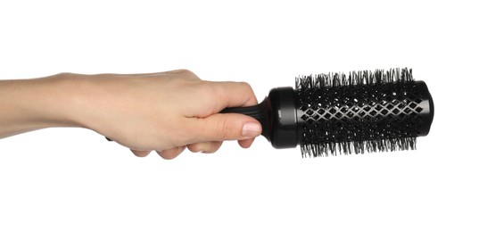 Photo of Woman with round black hair brush on white background, closeup