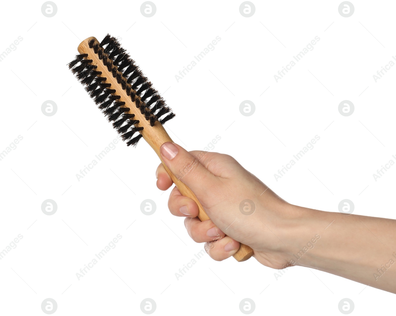 Photo of Woman with round wooden hair brush on white background, closeup