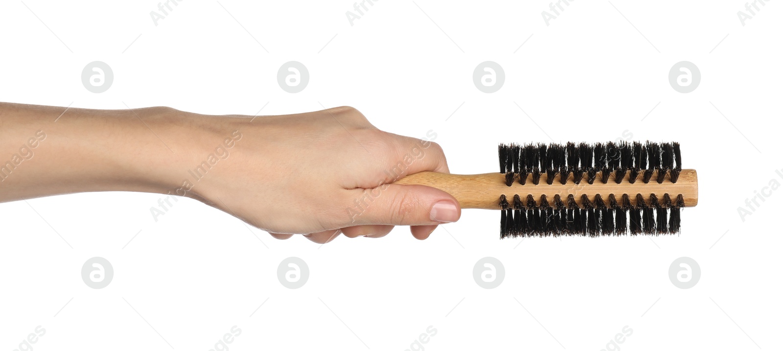 Photo of Woman with round wooden hair brush on white background, closeup