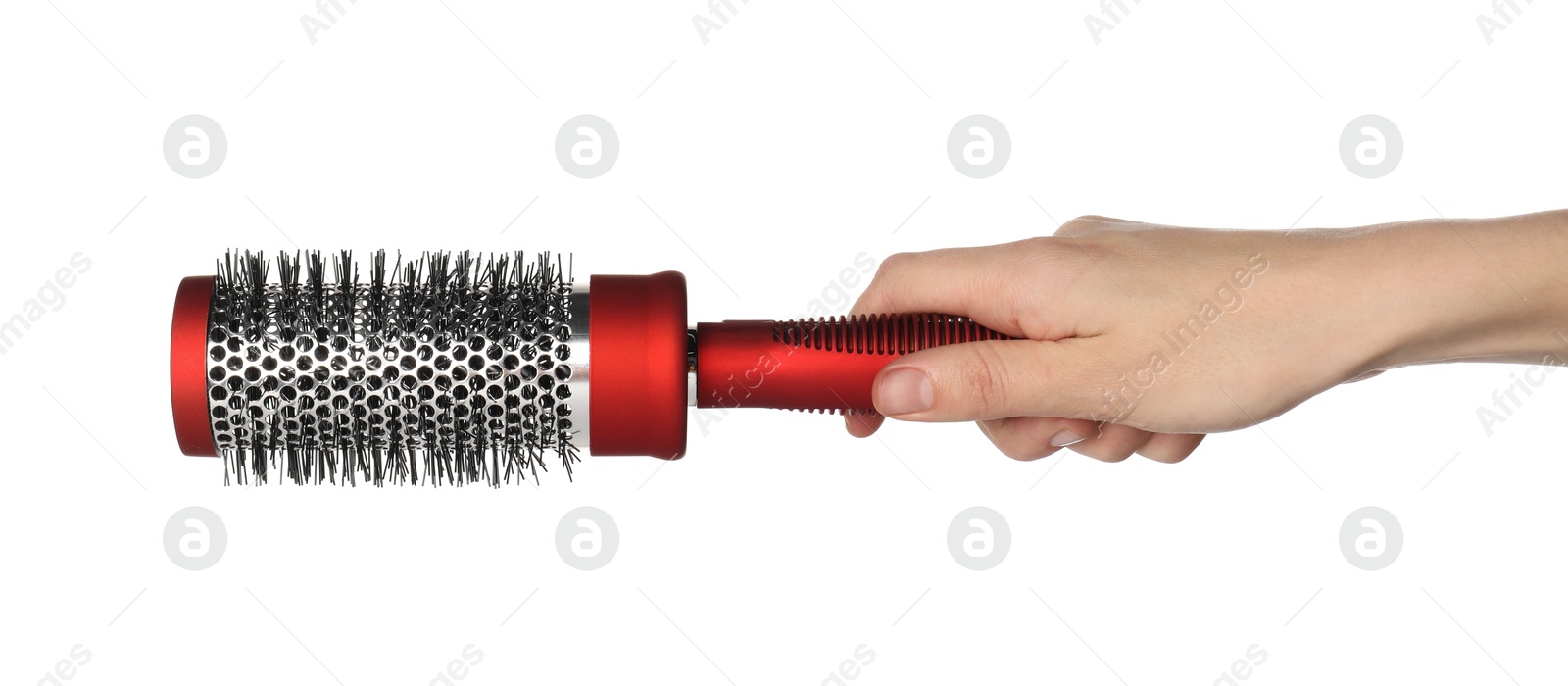 Photo of Woman with round red hair brush on white background, closeup