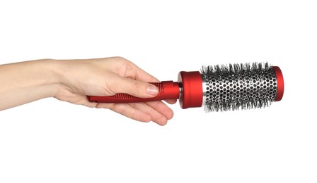 Photo of Woman with round red hair brush on white background, closeup