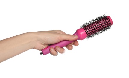 Photo of Woman with round pink hair brush on white background, closeup