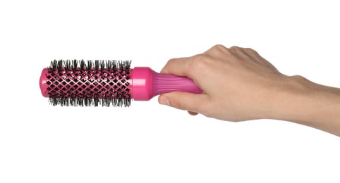 Photo of Woman with round pink hair brush on white background, closeup