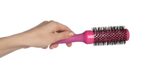 Photo of Woman with round pink hair brush on white background, closeup