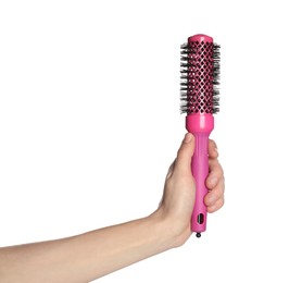 Photo of Woman with round pink hair brush on white background, closeup